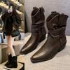 Leather Chelsea Boots for Women Autumn Winter New Chunky Heeled Cowboy Boots Woman Loose Tube Mid-calf Pleated Western Bootie