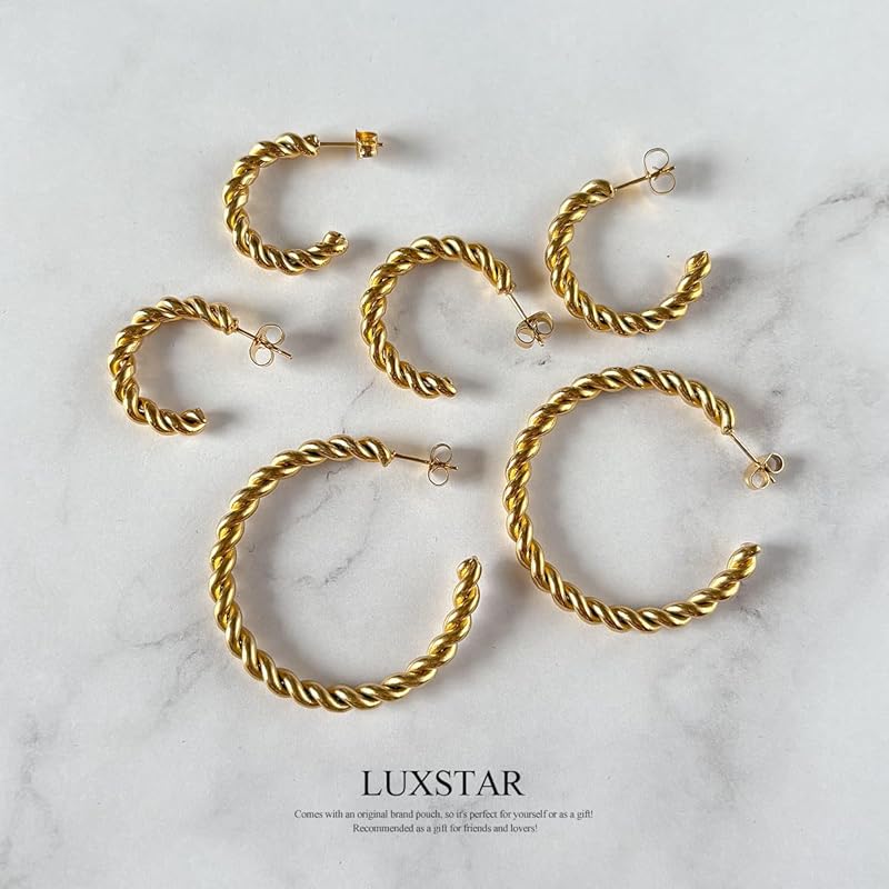 LUXSTAR Twisted Hoop Earrings Thickness 4mm Ring Earrings Big Thick Stainless Both Ears Ladies Men's South Korea Simple Brand (gold Gold, 25mm)