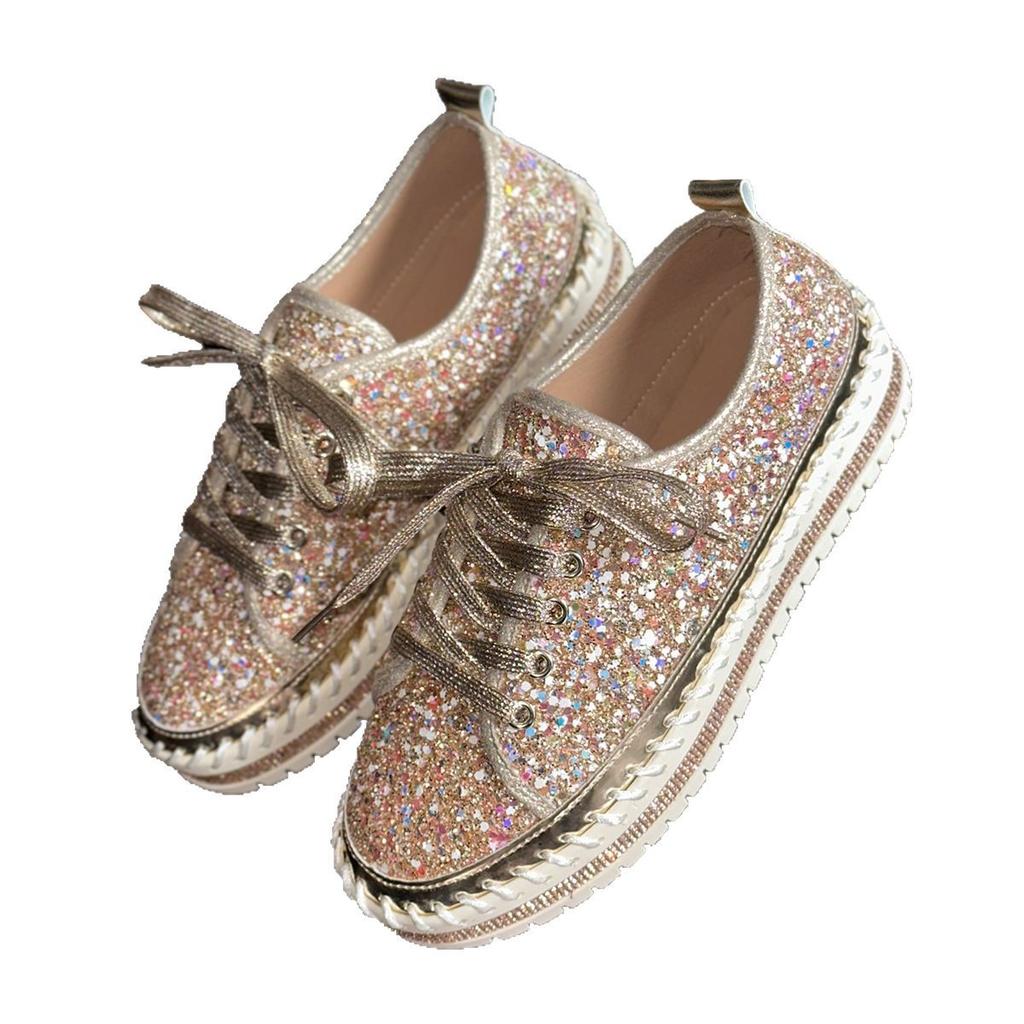 Japan and South Korea Foreign Trade Large Size Thick-soled Lace-up Single Shoes Women's Rhinestone Muffin Bottom Sports Wind Board Shoes Sequined C