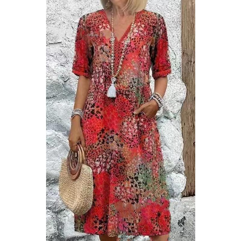 QICED Damenmode Sommer Frühling Kurzarm V-Ausschnitt Freizeitkleider