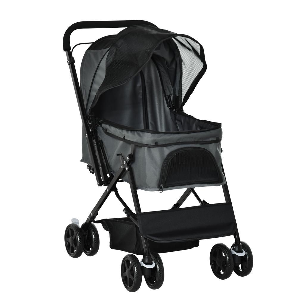 Pet Stroller Pushchair Foldable Travel Dog Cat Carriage w/ Reversible Handle Brake Basket