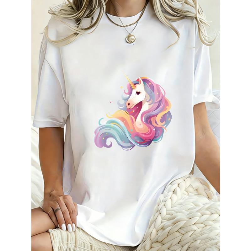 Oversized T Shirt Black Unicorn Rainbow Print For Casual Wear