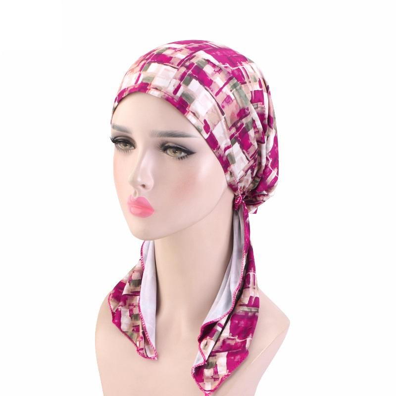 New Women Printed Pre-Tied Turban Cap Muslim Hijab Inner Caps Hair Loss Cover Beanies Bonnet Long Tail Headscarf Strech Bandana