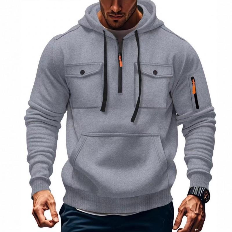 Mens Hooded Long Sleeve Pullover Sweatshirt With Multiple Pockets Zipper Front Casual Sporty Style