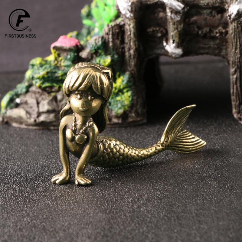 Retro Brass Beautiful Mermaid Princess Figurines Miniatures Desktop Ornament Home Decorations Crafts Accessories Children Gifts
