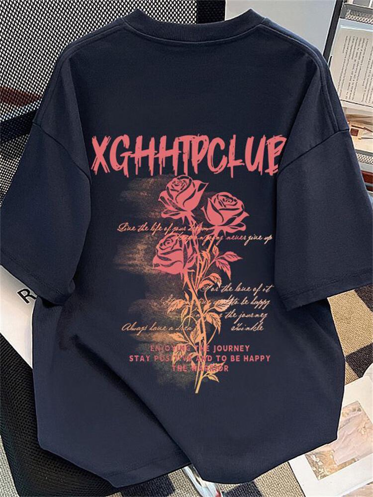 Rose Letter Print Shortsleeved Tshirt For Unisex Summer American Street Style Boyfriend Fit Loose Fit S