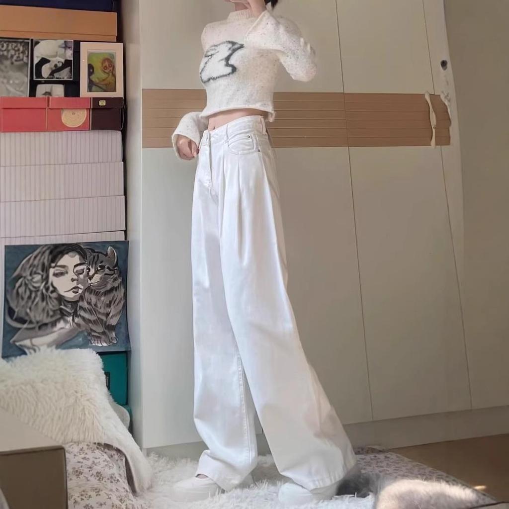 Women's White Wide-Leg Jeans, 2025 Spring/Summer, Pleated High-End, Loose Drapey Full-Length Pants.