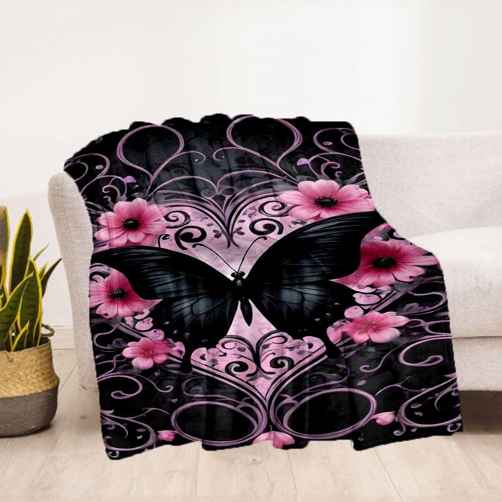 Schwarzer Schmetterling mit rosa Blumen Wandkunst DruckDecke Flanell Überwurfdecke für Sofa, Bett, Reise, Camping, Büro, Couch, Stuhl und Bett