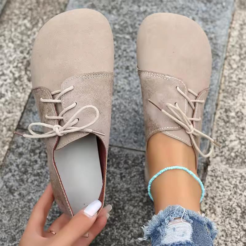 Zapatos planos de punta redonda marrones para primavera y otoño, zapatos planos de ante sintético con cordones para mujer, zapatos casuales suaves para caminar de talla grande para mujer