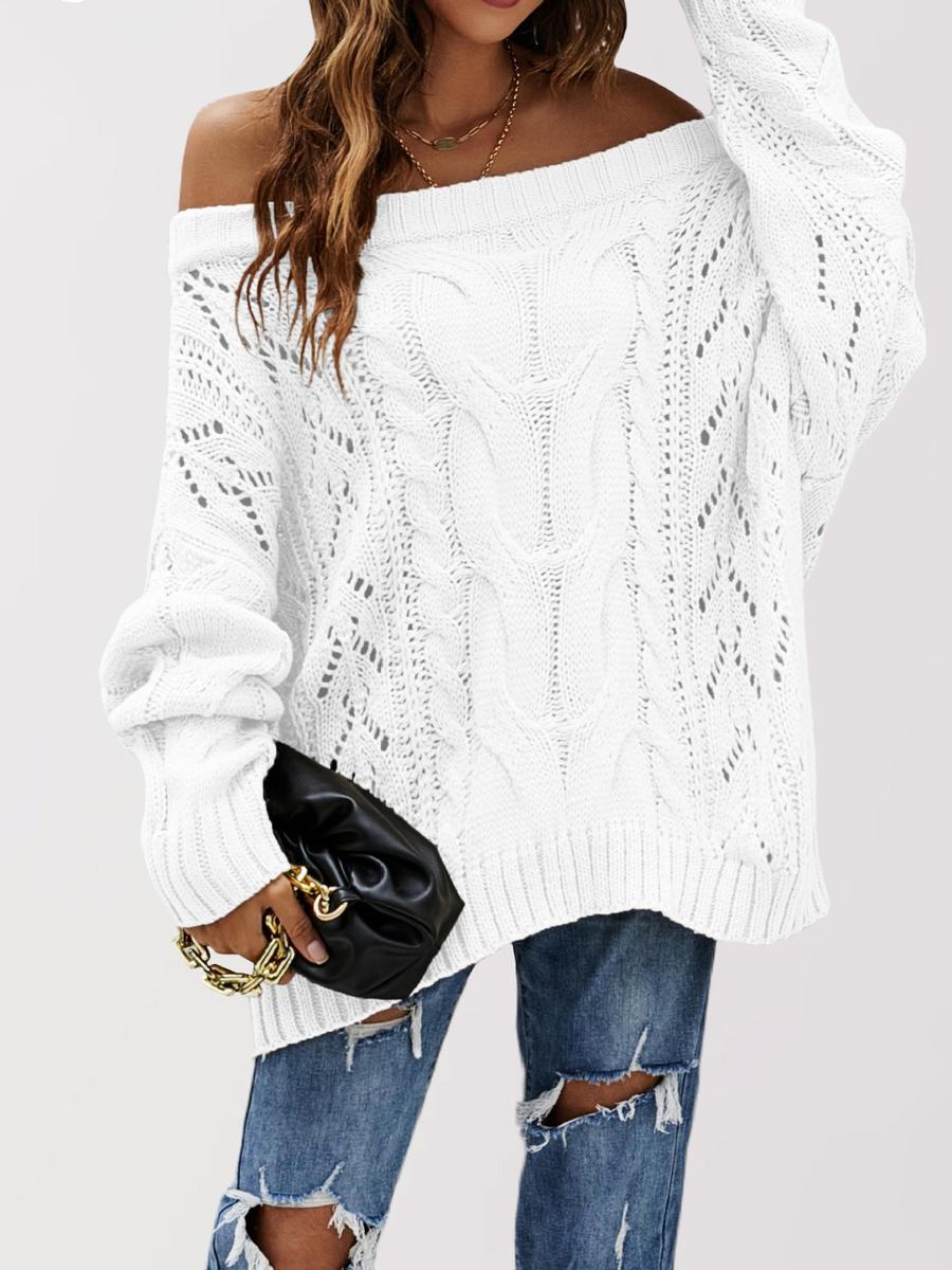 Herbst/Winter Bunter Grobstrickpullover mit weiten Schultern, Rundhalsausschnitt, einfarbig, Damen M weiß
