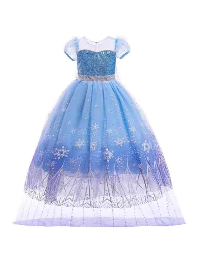 Girls' Frozen Elsa Princess Light-Up Dress with Puff Sleeves and Detachable Floor-Length Veil