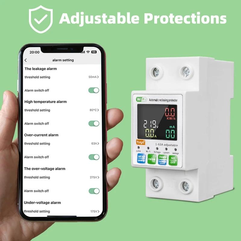 63A Tuya WIFI Smart Switch Circuit Breaker Energy Meter KWh Power Metering Timer Relay Remote Control Life APP Module Protector