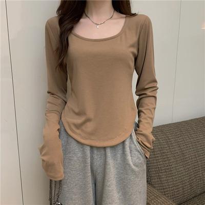 

Long-sleeved T-shirt women s autumn and winter new trendy ins irregular slim-fit student casual short top girl bottoming shirt 2XL хакі