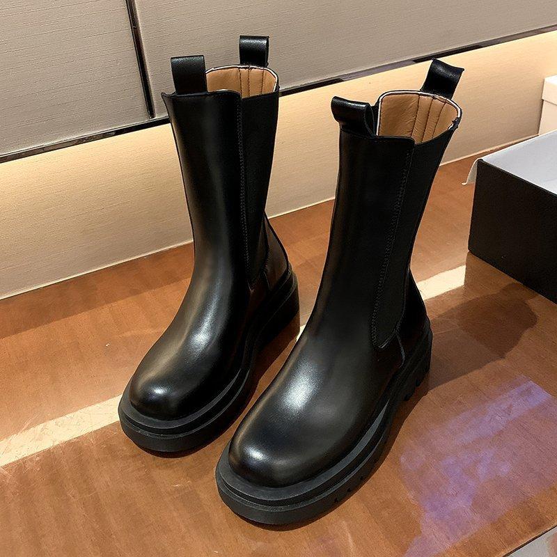 Women's thick-soled short boots, autumn new medium tube thin boots, round head elastic cigarette boots