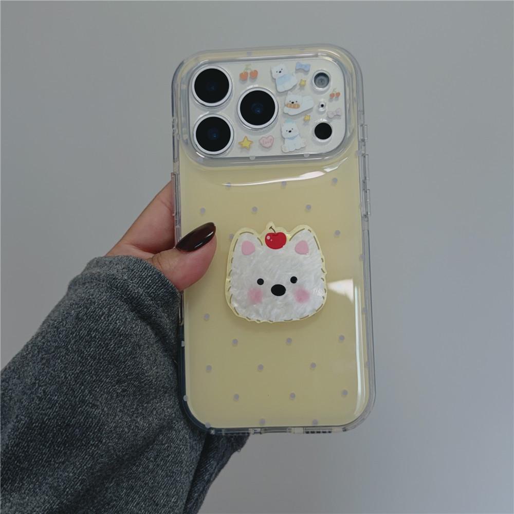 Custard Yellow Polka Dot iPhone 17 Pro Drop-proof Case with Cute Puppy Chain