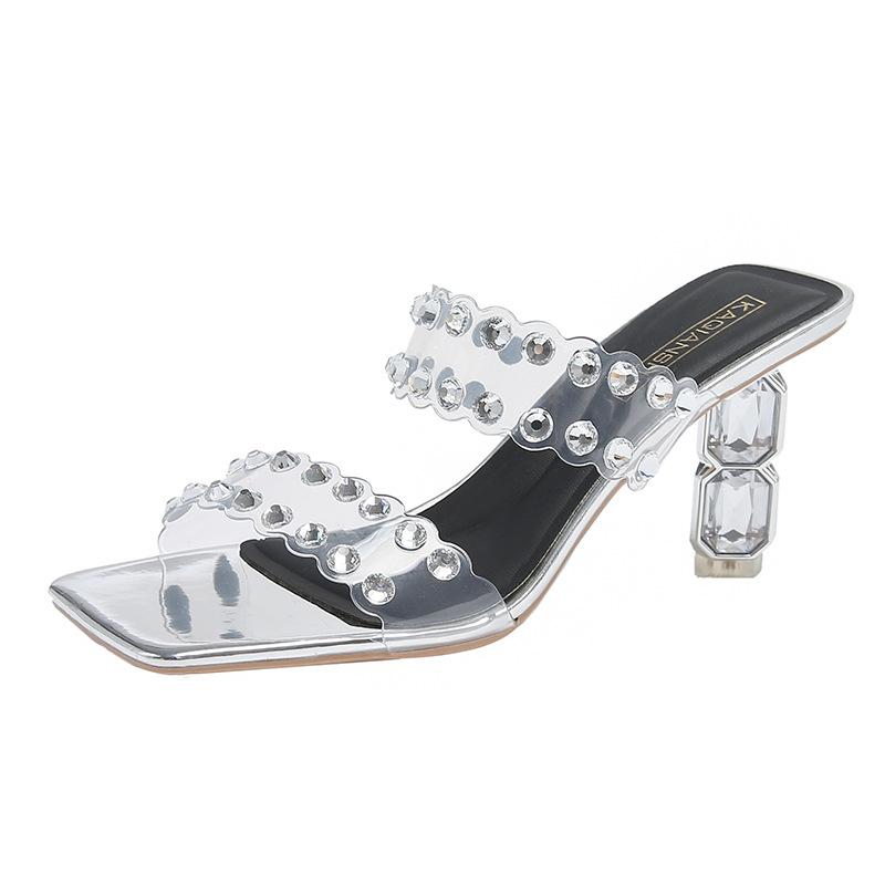 Fashion Higher Quality Rhinestone Thin Heel Women Sandals Transparent PVC Fashion Square Toe Slide Sandals Sexy Open Toe Designer Shoes