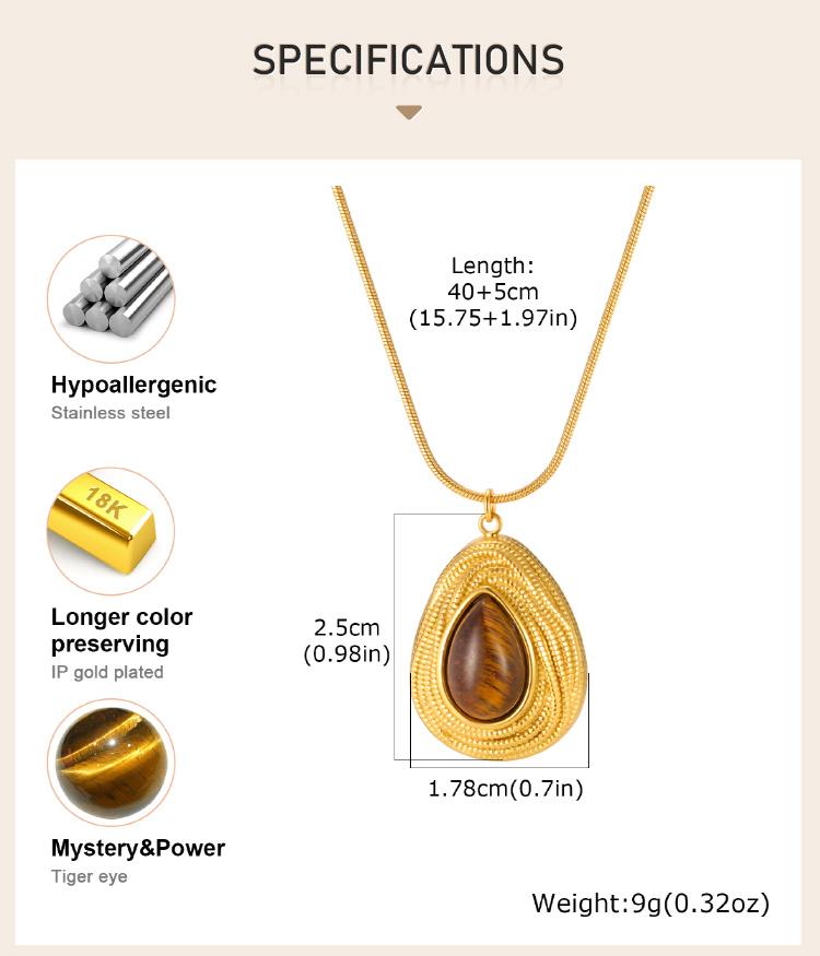 Natural Stone Necklace Stainless Steel 18K Gold Plated Geometric Tiger Eye Lapis Lazuli Pendant Women Vintage Jewelry