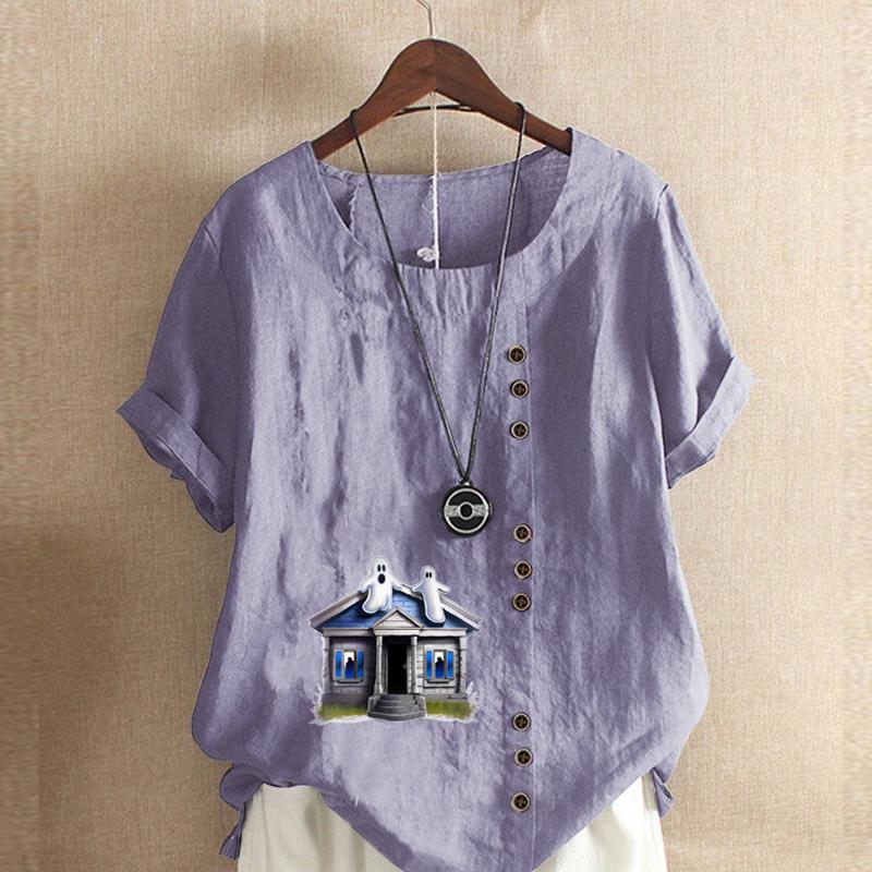 Women's Fashion Haunted House Prined Round Neck Short Sleeve T-shirt Casual Cotton Linen Graphic Shirt Leisure Loose Summer Blouse Tops