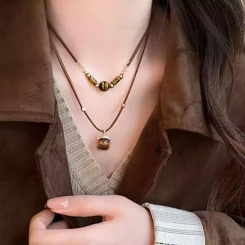 

Винтажное ожерелье «Тигровый глаз» - Коричневый круглый кулон для осенне-зимней моды, Элегантная женская цепочка для свитера во французском стиле