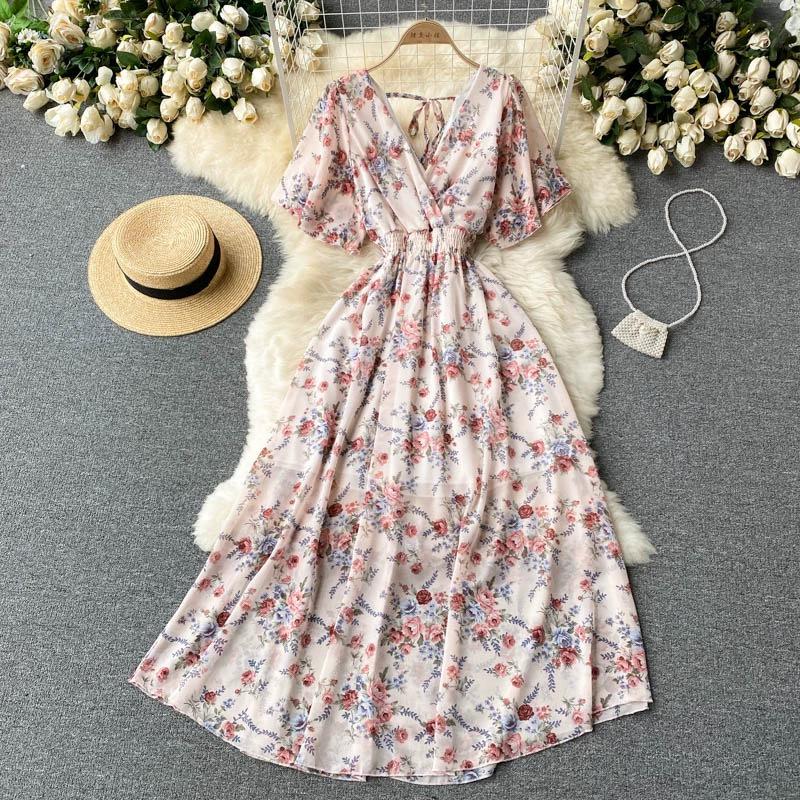 Sexy V-neck Floral Chiffon Beach Dress - Waist-Cinching Long Summer Fashion