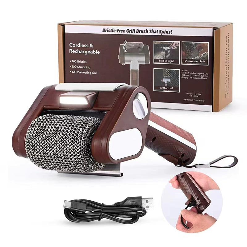 Electric Stainless Steel Roller Barbecue Grill Cleaner With Led Lights, Detachable Rollers, And Reusable Barbecue Cleaning Brush