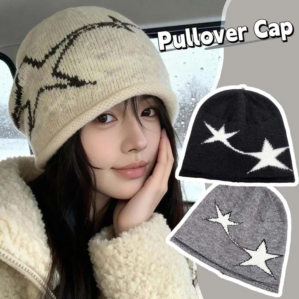 Streetwear Jacquard Woolen Hat Elastic Y2K Pullover Cap Fashion Star Knitted Hat  Women