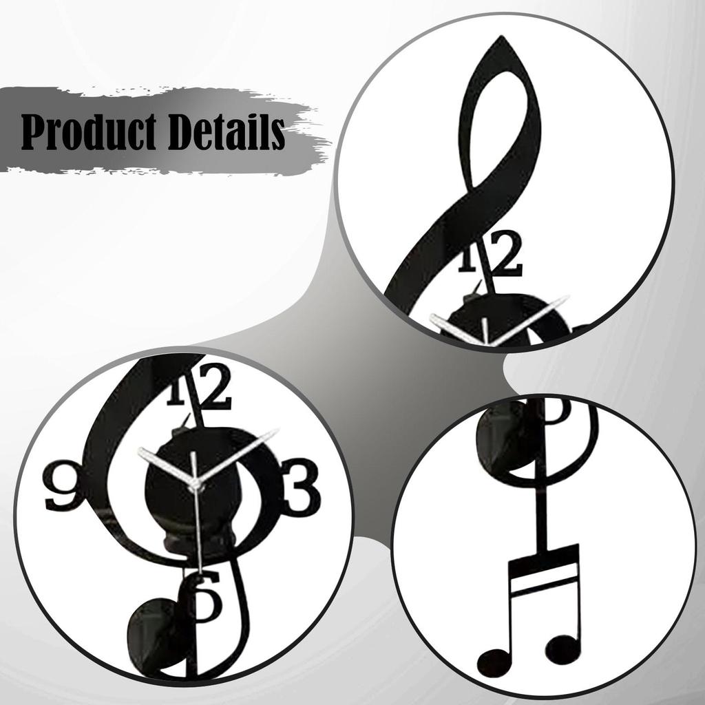 Music Note Wall Clock Gift Acrylic Arabic Numerals Music Note Art Silent No Ticking for Kid’S Room Bedroom Kitchen School Office