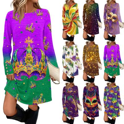 Modisches Damen-Kleid mit Rundhalsausschnitt, langen Ärmeln, Print, Tasche und Knöpfen, Freizeit