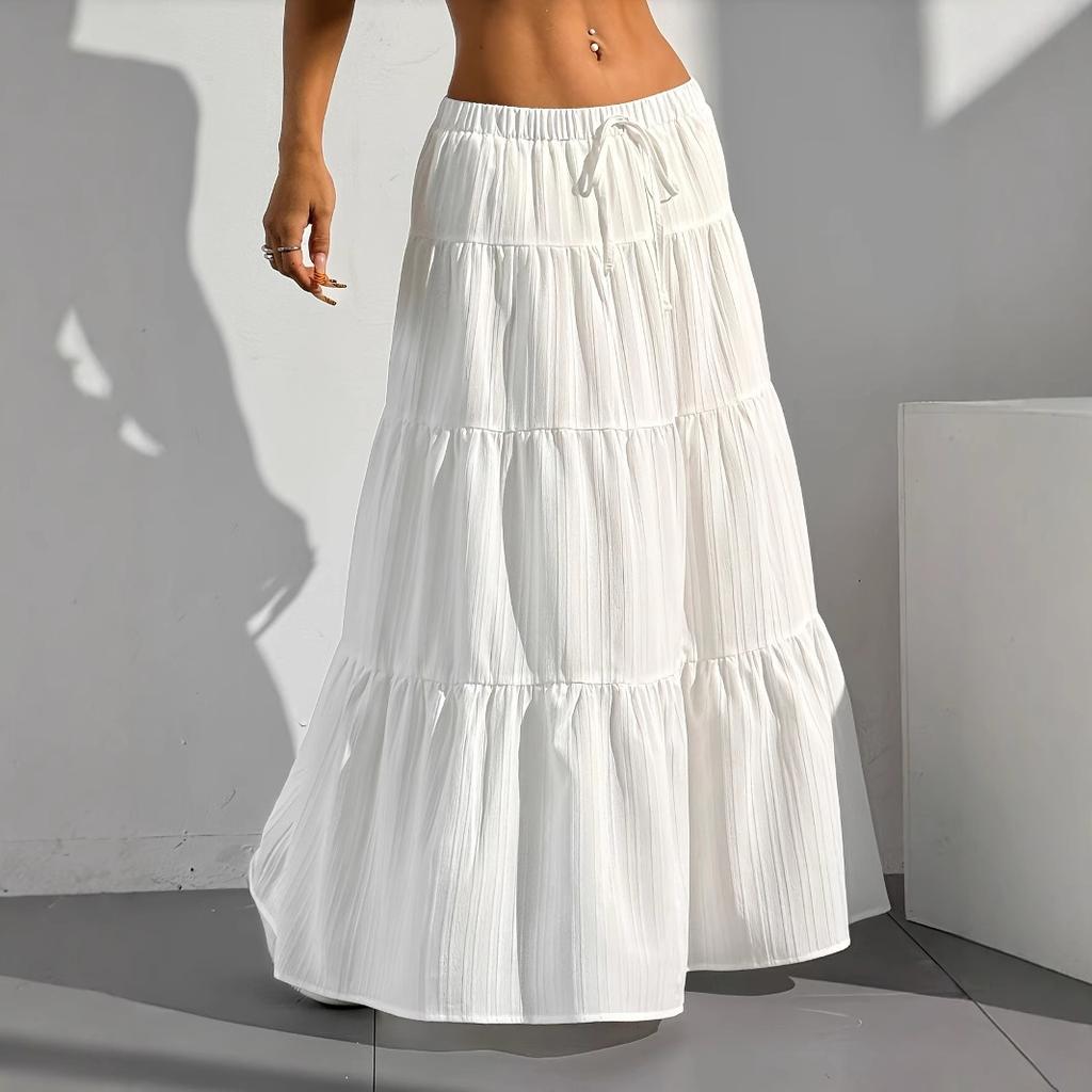 White Skirt Women's High Waist, New Elastic Lace-up Cake Skirt, Thin and Big Swing Skirt