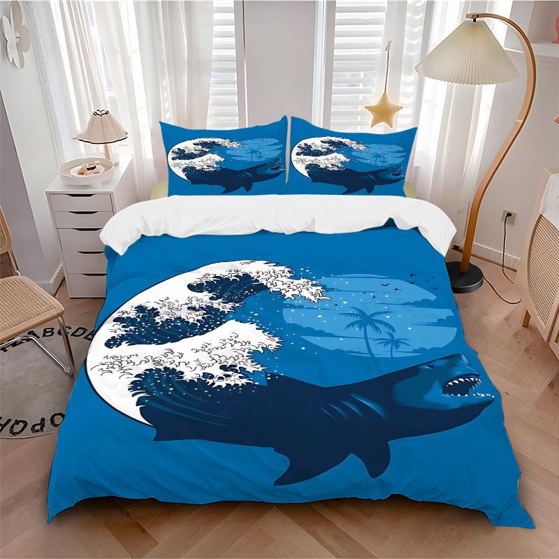 

3pcs bedding set Sharks Ocean Waves Includes 1 Comforter + 2 Pillowcases, Without Pillow Inserts, Soft Comfortable, Lightweight Breathable135 135x200cm
