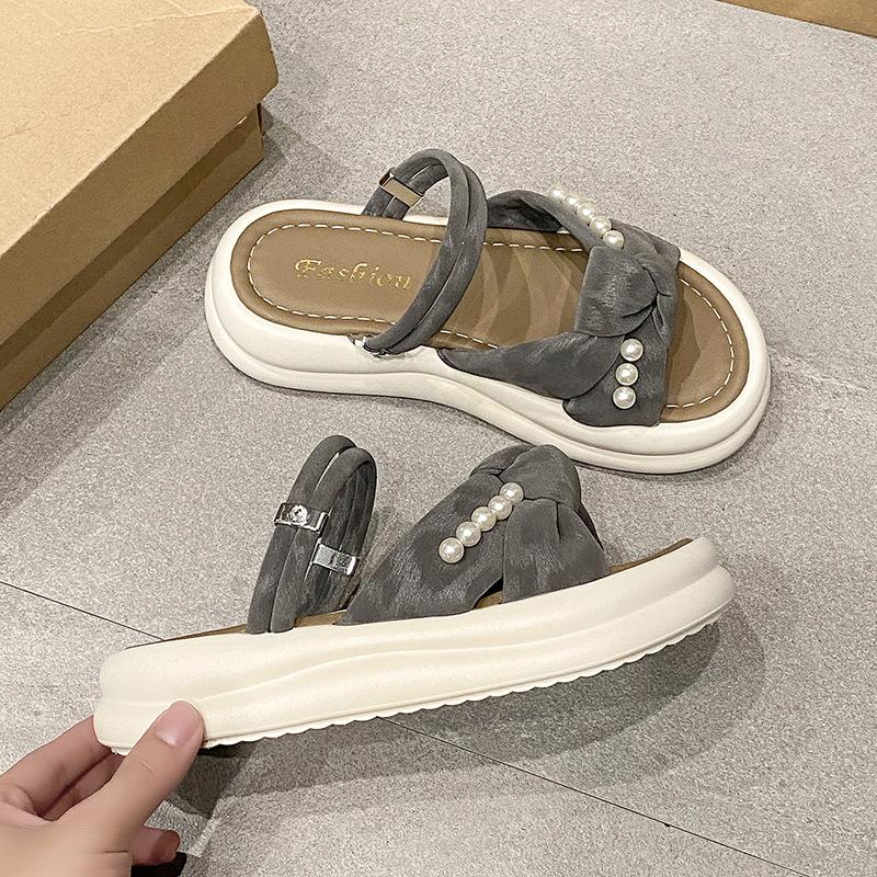 

2025 with skirt style with pearl cross new fairy fashion sandals platform cool slippers female summer wear 40 серый