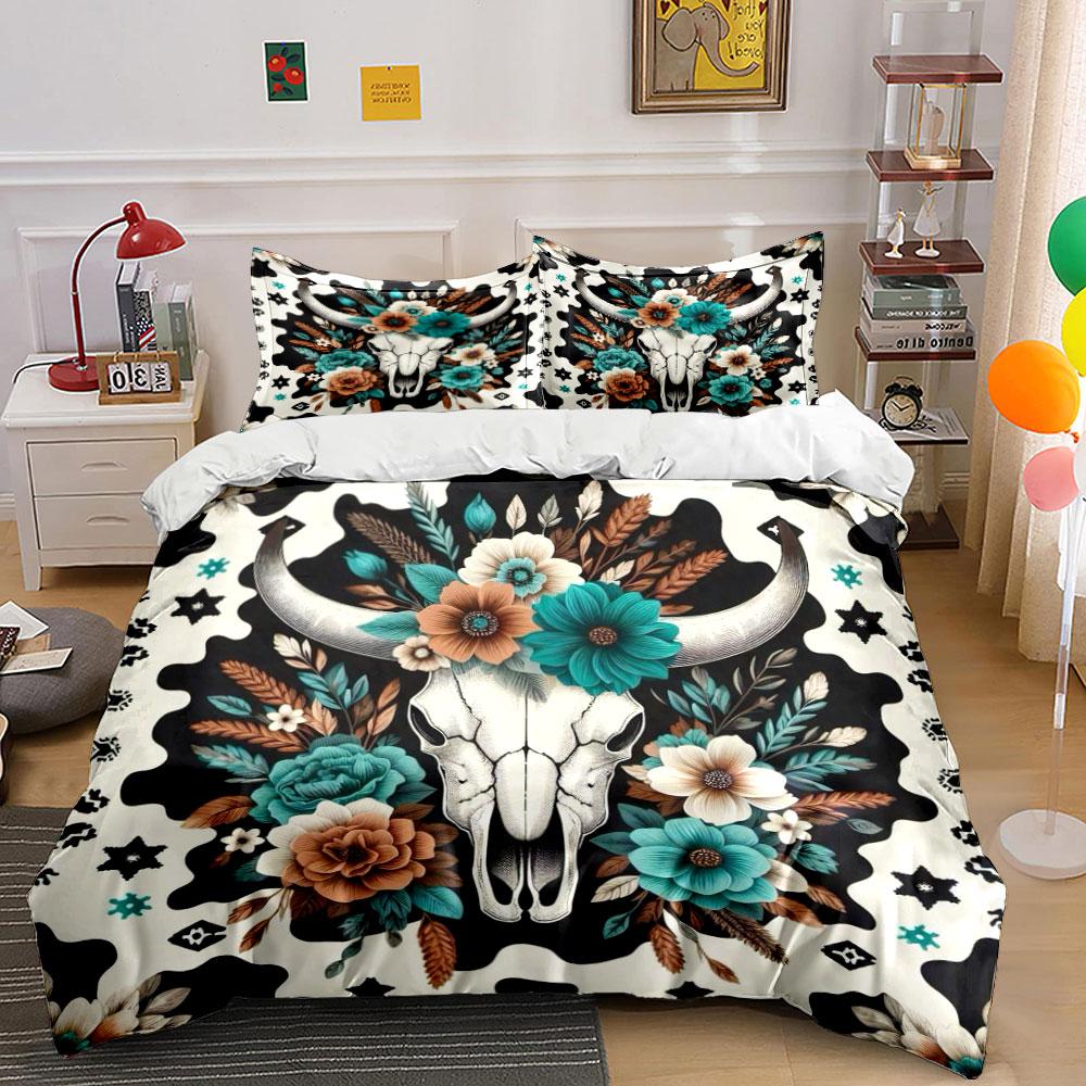 Floral Bull Skull Bedding Set Bedding Duvet Cover Set Duvet Cover Pillowcases (1 * Duvet Cover 2 * Pillowcases, without duvet insert)