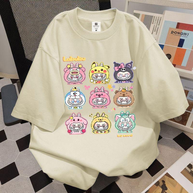 

LABUBU Printed Women s Round Neck Short Sleeve Fashion Versatile Multiple LABUBU Pattern T-shirt Summer Casual Street Top S