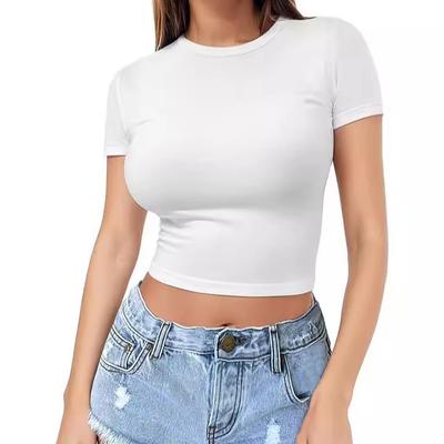 Haut court à manches courtes et col ras du cou pour femme, t-shirt basique d'été, coupe ajustée, style années 2000, idéal pour les sorties