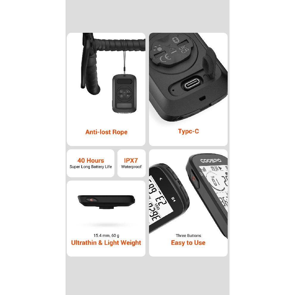 COOSPO CS300 Kabelloser Fahrradcomputer GPS Fahrrad Tacho Kilometerzähler 2,6 Zoll Bluetooth ANT+ IPX7 Höhe APP-Synchronisierung für Strava TP