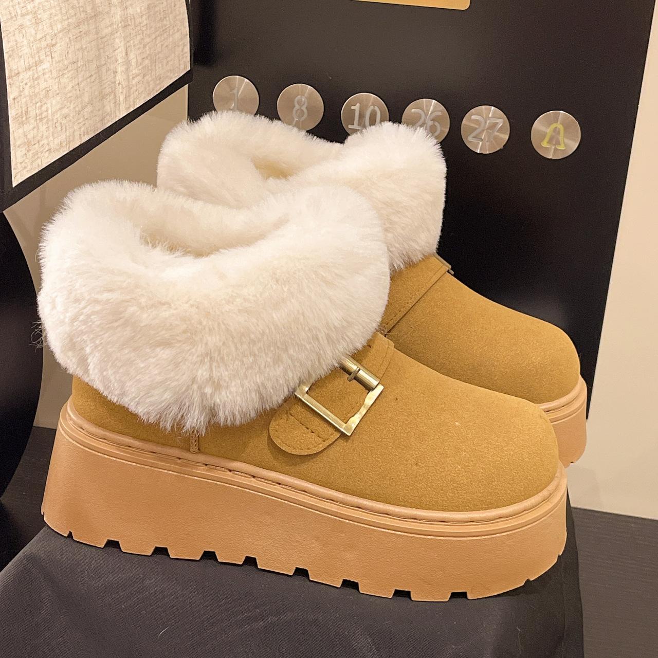 

Large size snow boots versatile thick-soled splicing fluff heightening snow boots women s autumn and winter velvet cotton shoes 42 жовтий