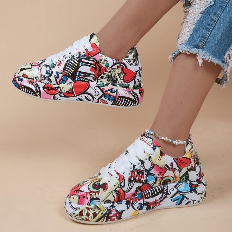 Fashion Women's Casual Sneakers 2025 Fashion New Painted Graffiti Lace Up Sports Shoes for Women Flat Pu Leather Ladies Running Shoes