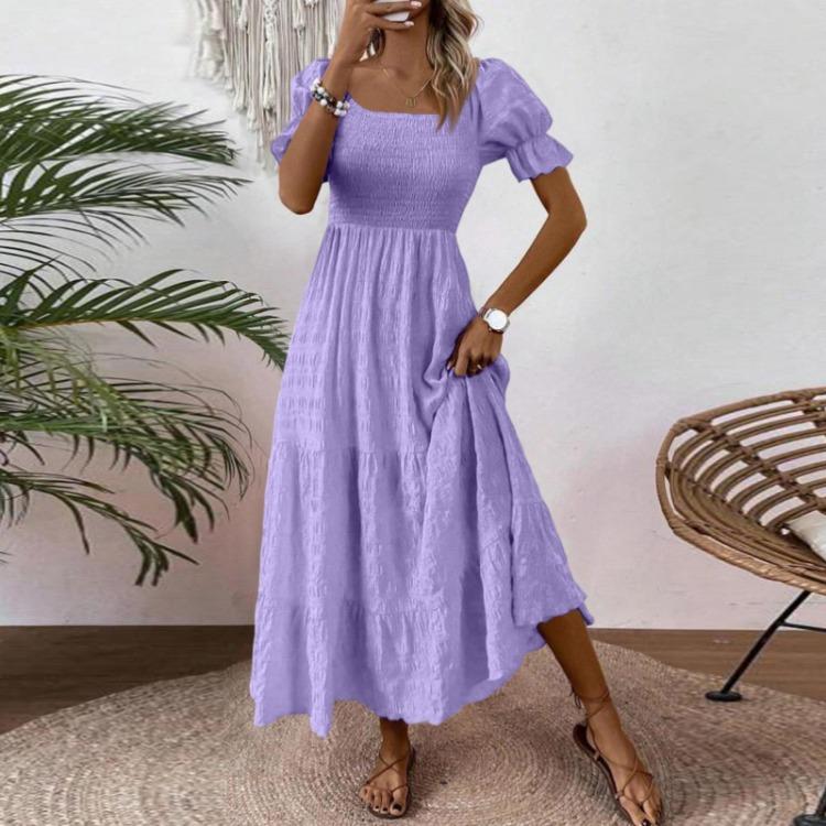 Women S Square Neck Puff Sleeve Maxi Dress Smocked Bodice Tiered Skirt with Pockets for Casual Wear