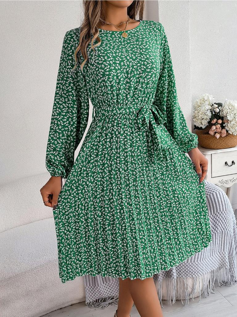 Ins Leisure Long Sleeved Floral Pleated Skirt Plus Size Dresses for Women Red Dresses for Women Elegant