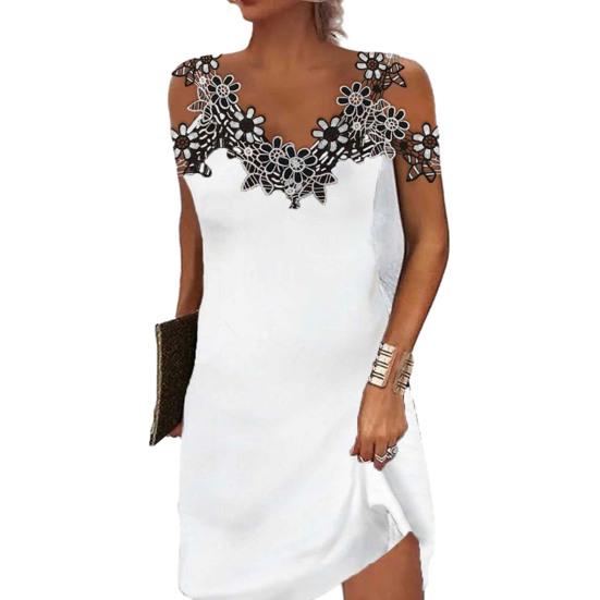 Women Summer Lace Stitching Sling Mini Dress V-neck Cold Shoulder Sleeveless Slim Fit Short Dress Streetwear