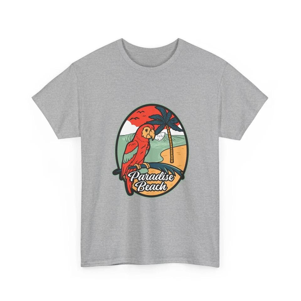 Paradise Beach Parrot T-Shirt | Tropical Palm Sunset Tee, Cotton Shirt, Vacation S