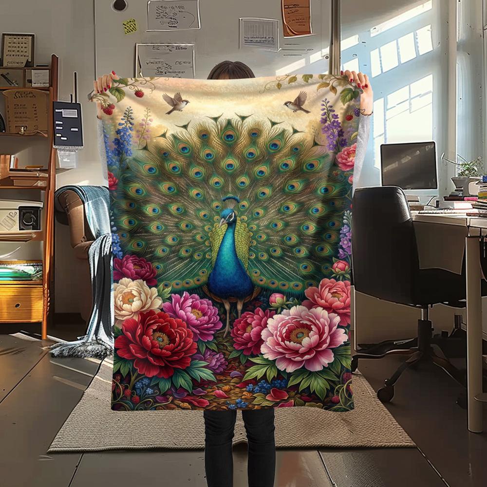 

1PC Peacock and Peony Print FlAannel Blanket, High quality Comfortable for All Seasons, Home Decor, Warmth and Comfort 80cm x 120cm
