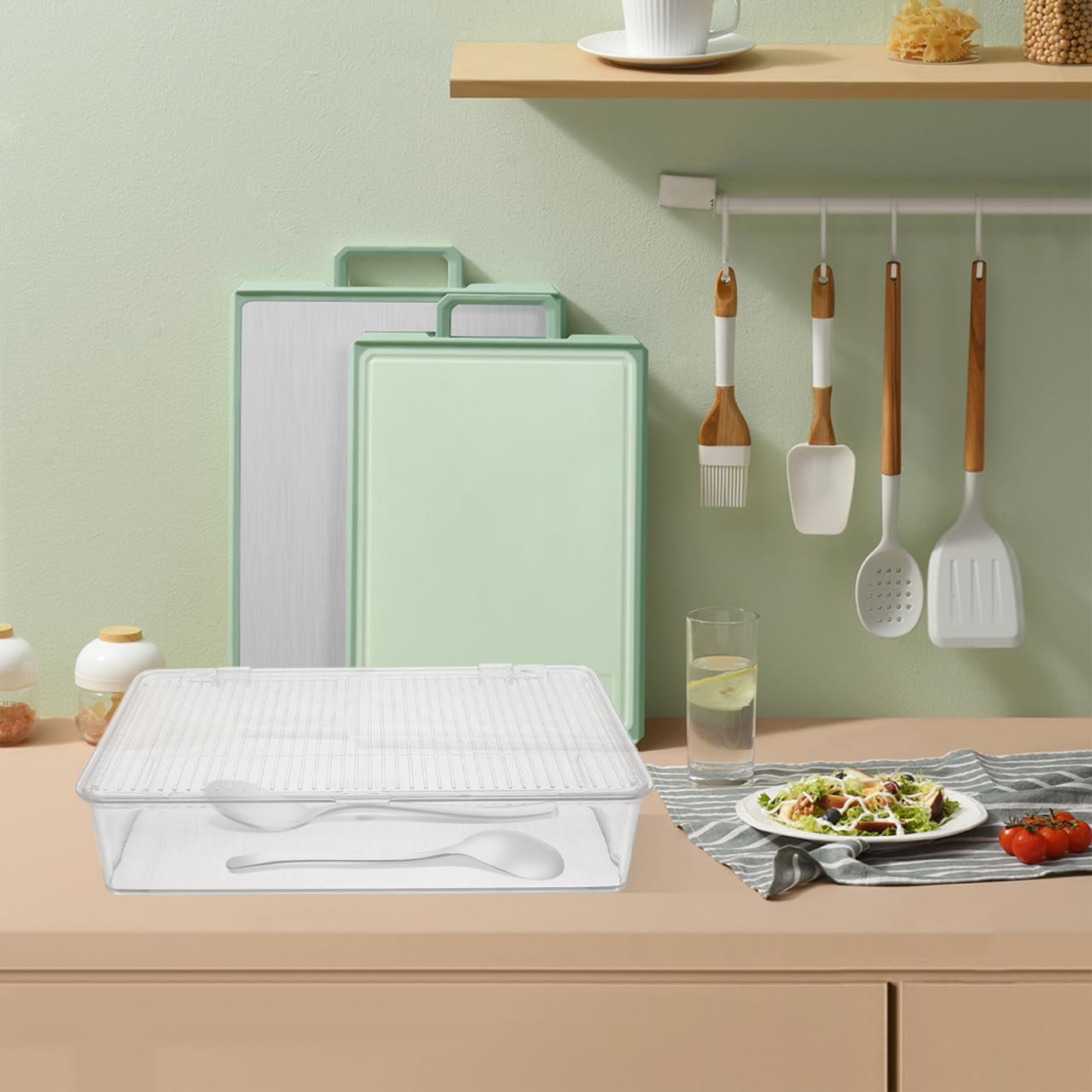 Transparent Flatware Tray Kitchen Drawer Organizer With Lid, Plastic Kitchen Cutlery Tray and Utensil Silverware Storage Container with Cover,