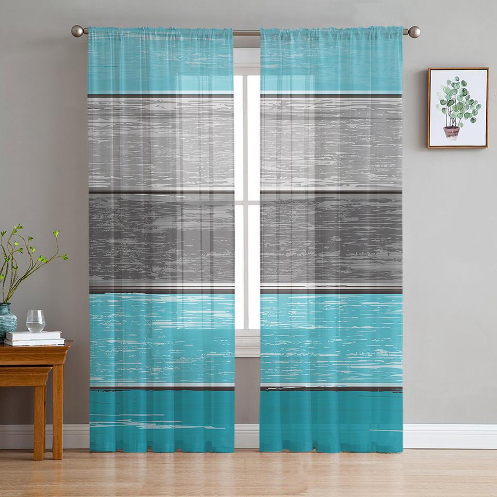 Retro Farm Barn Blue Gray Striped Gradient Sheer Curtains for Living Room Tulle for Windows Voile Yarn Short Bedroom Curtains