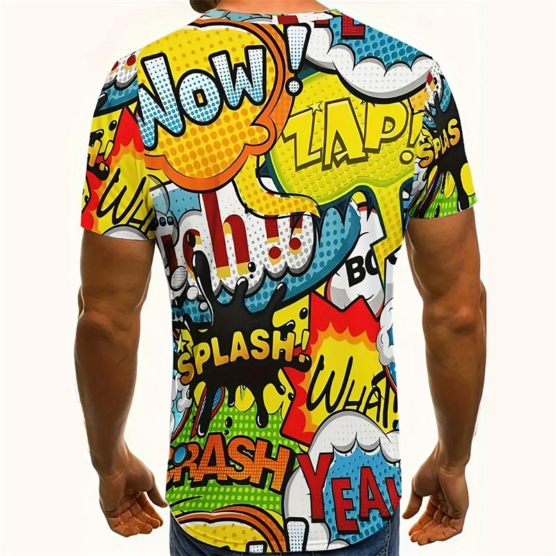 Cartoon Text Graffiti Graphic T-Shirts Summer  Round Neck  Hip Hop Street Short Sleeves Tops