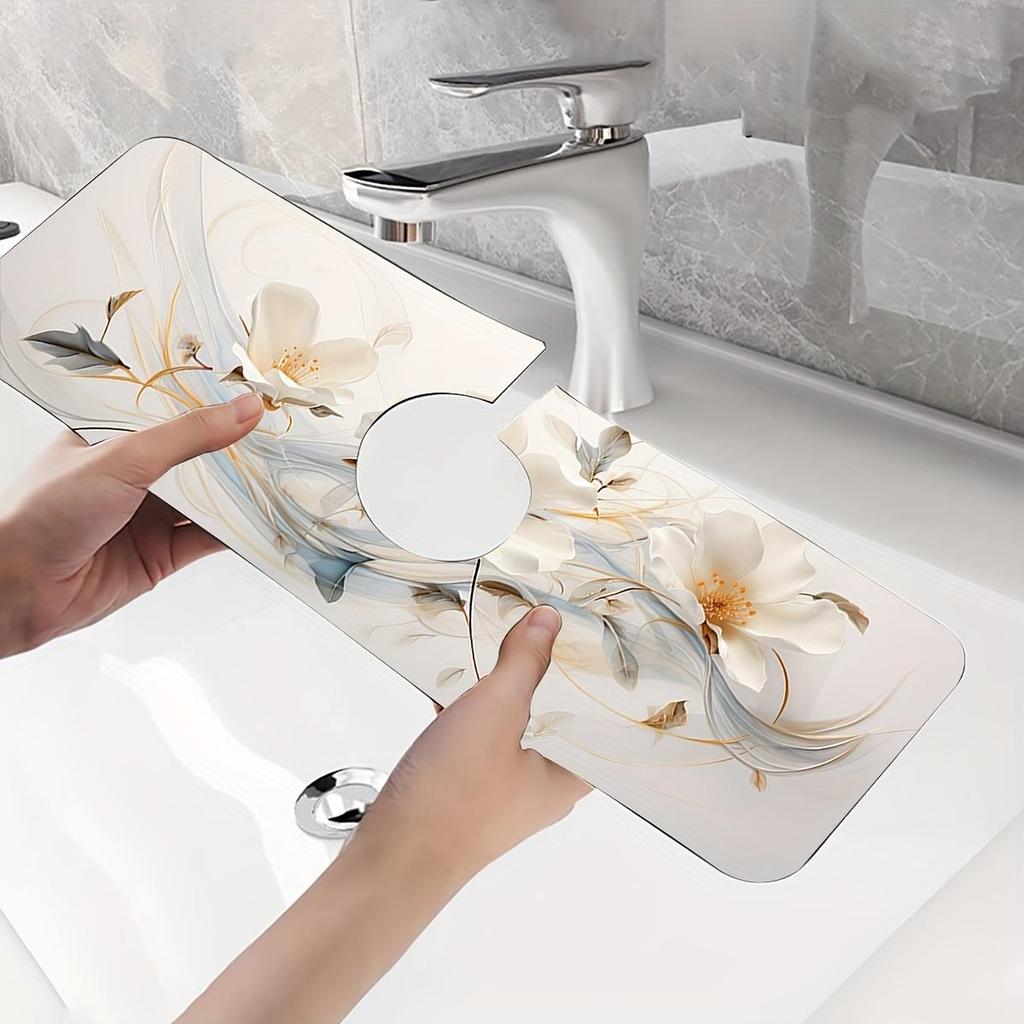 1 pz Tappetino Assorbente per Rubinetto Lavello Floreale, Tappetino di Drenaggio, Lavello Cucina Bagno, Tappetino di Drenaggio da Banco, Lavabo in Fango Diatomaceo, Tappetino Tagliabile ad Asciugatura Rapida