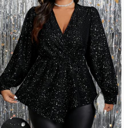 

Women s long-sleeved, gold-stamped, shimmering, ruffled, fitted party top L чёрный