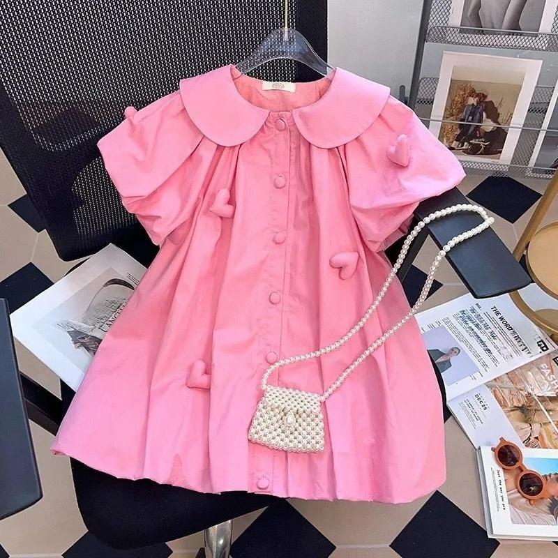 Girls Dress Summer Western Style Fashion Doll Collar Short-sleeved Cute Style Children s Princess Dress 100 розовый