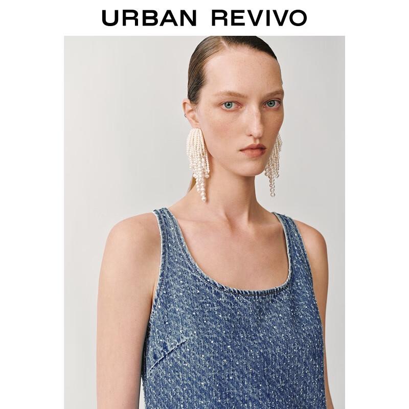 UR 2025 Summer Retro Rhinestone U-Neck Denim Dress
