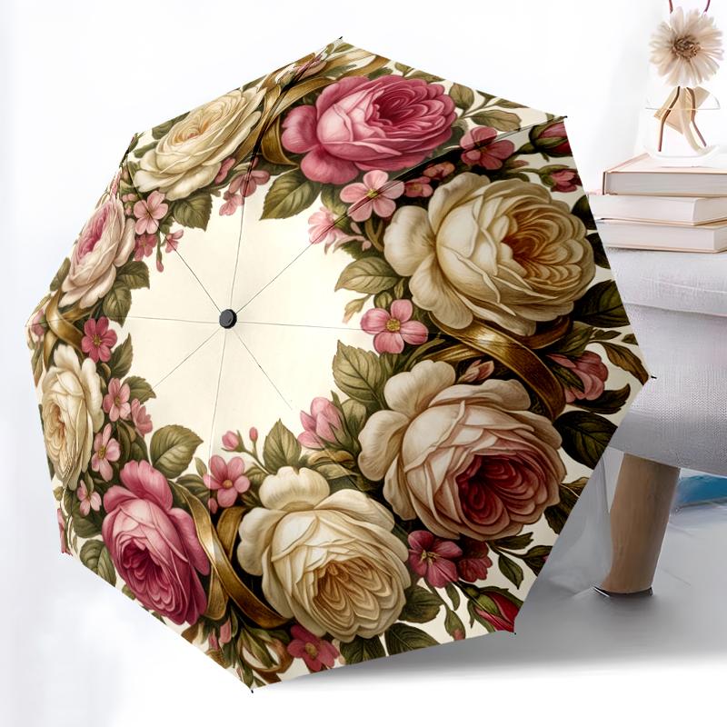 1pc Sturdy 8-Bone Auto Umbrella, Elegant Rose Ribbon Wreath Umbrella, Digital Printed, Foldable Umbrella for On-the-Go Outdoor Use